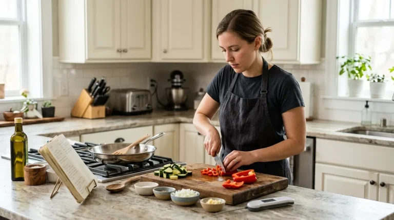 Home cook using a proper chef's knife grip and curled fingertips to slice vegetables on a stable cutting board.