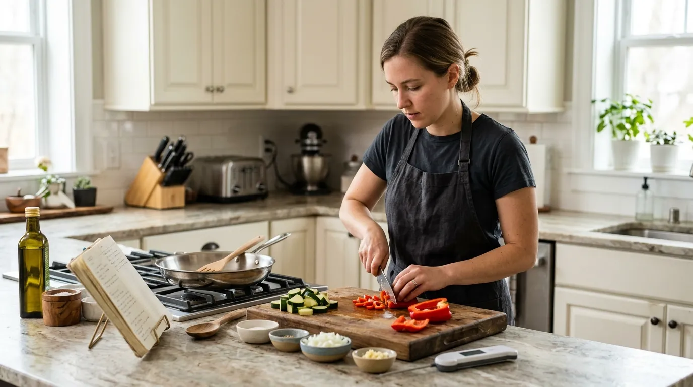 Home cook using a proper chef's knife grip and curled fingertips to slice vegetables on a stable cutting board.