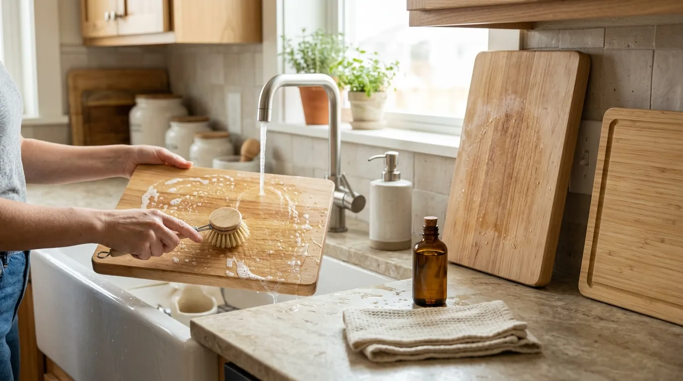 Wooden cutting board being cleaned, dried upright, and conditioned with food-grade mineral oil