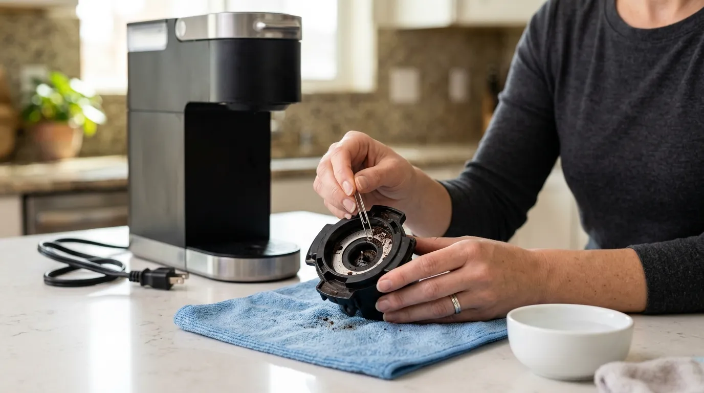 Single-serve coffee maker pod holder being carefully cleaned to clear clogged brewing needles