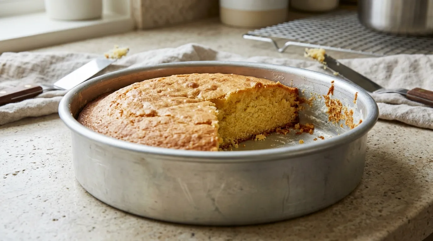 Six-step cake release guide showing resting, loosening, warming, inverting, chilling, and brief steam methods.