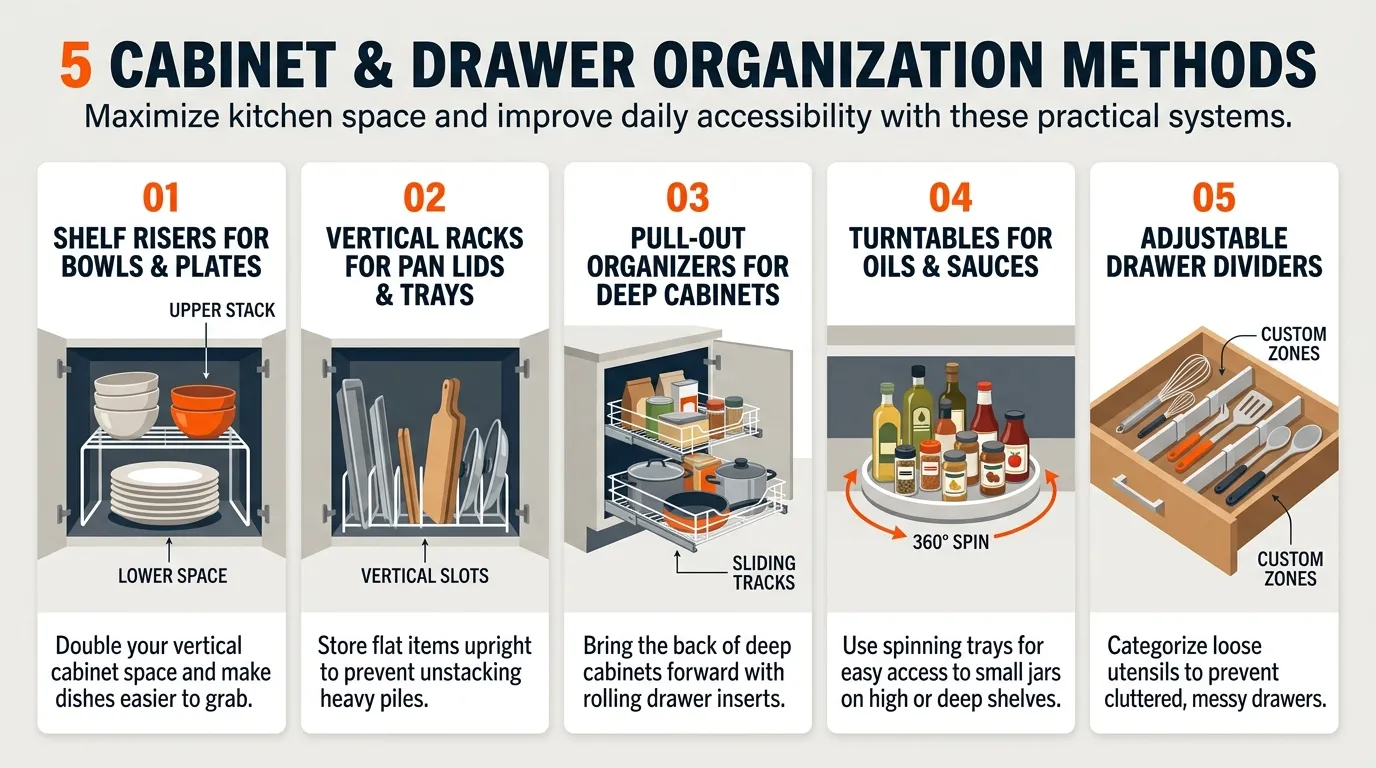 Kitchen organization infographic showing shelf risers, vertical pan storage, pull-out organizers, turntables, and drawer dividers
