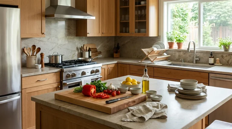 Organized modern kitchen with dedicated food preparation, cooking, and cleaning areas