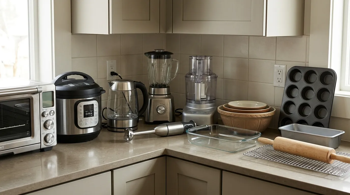 Immersion blender, countertop blender, food processor, rice cooker, electric kettle, mixing bowls, and baking dish in a home kitchen