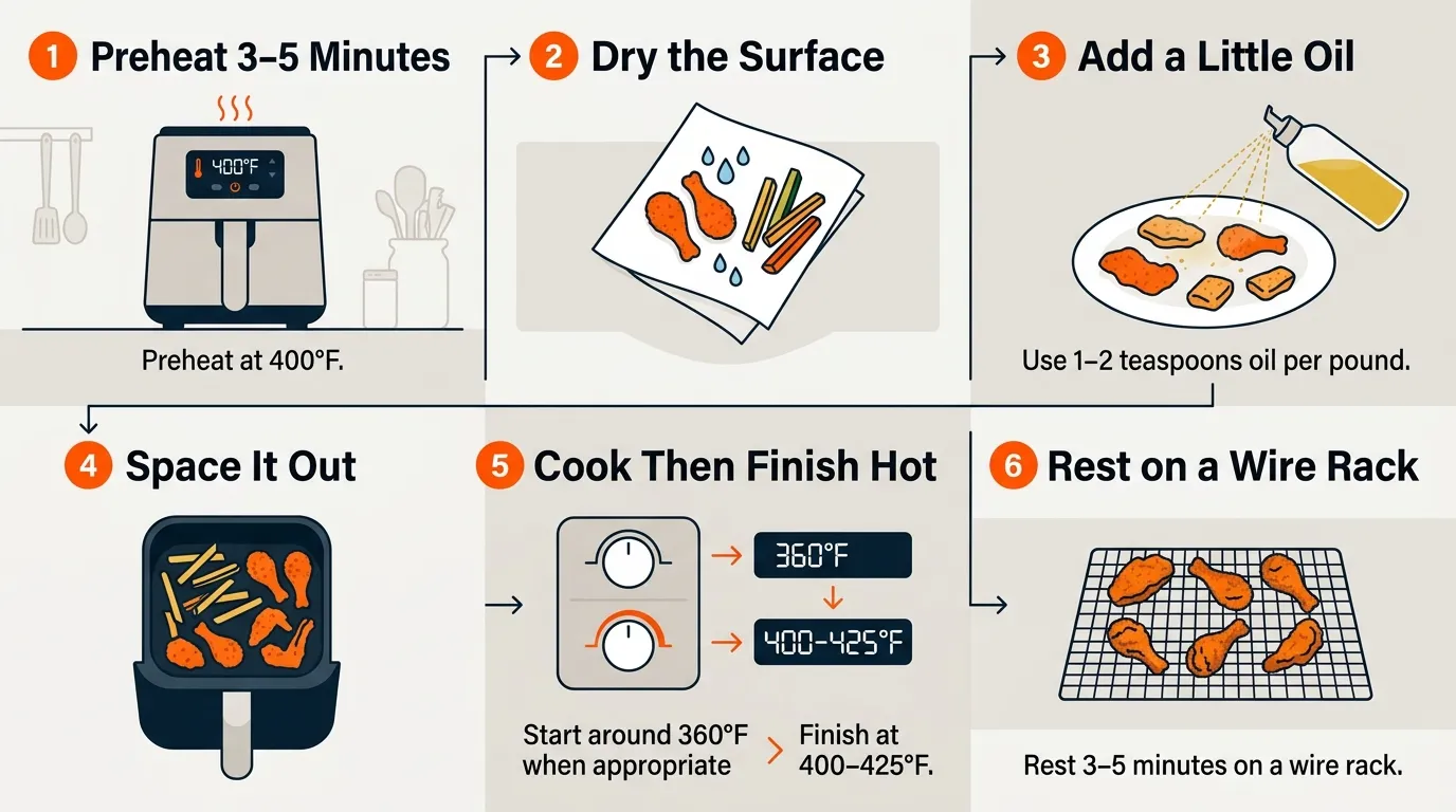 Air fryer crisping process showing dry food, light oil, spaced pieces, and a hotter finishing stage