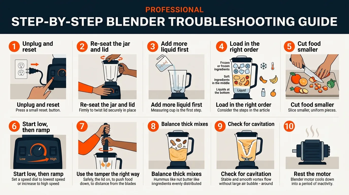 Step-by-step blender setup showing correct jar placement, liquid-first loading, smaller ingredients, and gradual blending