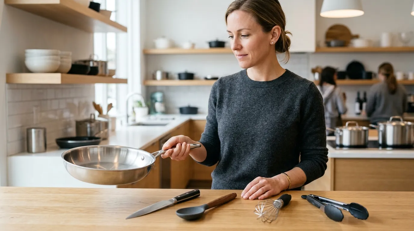 A shopper testing the balance, grip, handle shape, and comfort of a skillet, chef’s knife, spoon, and tongs.