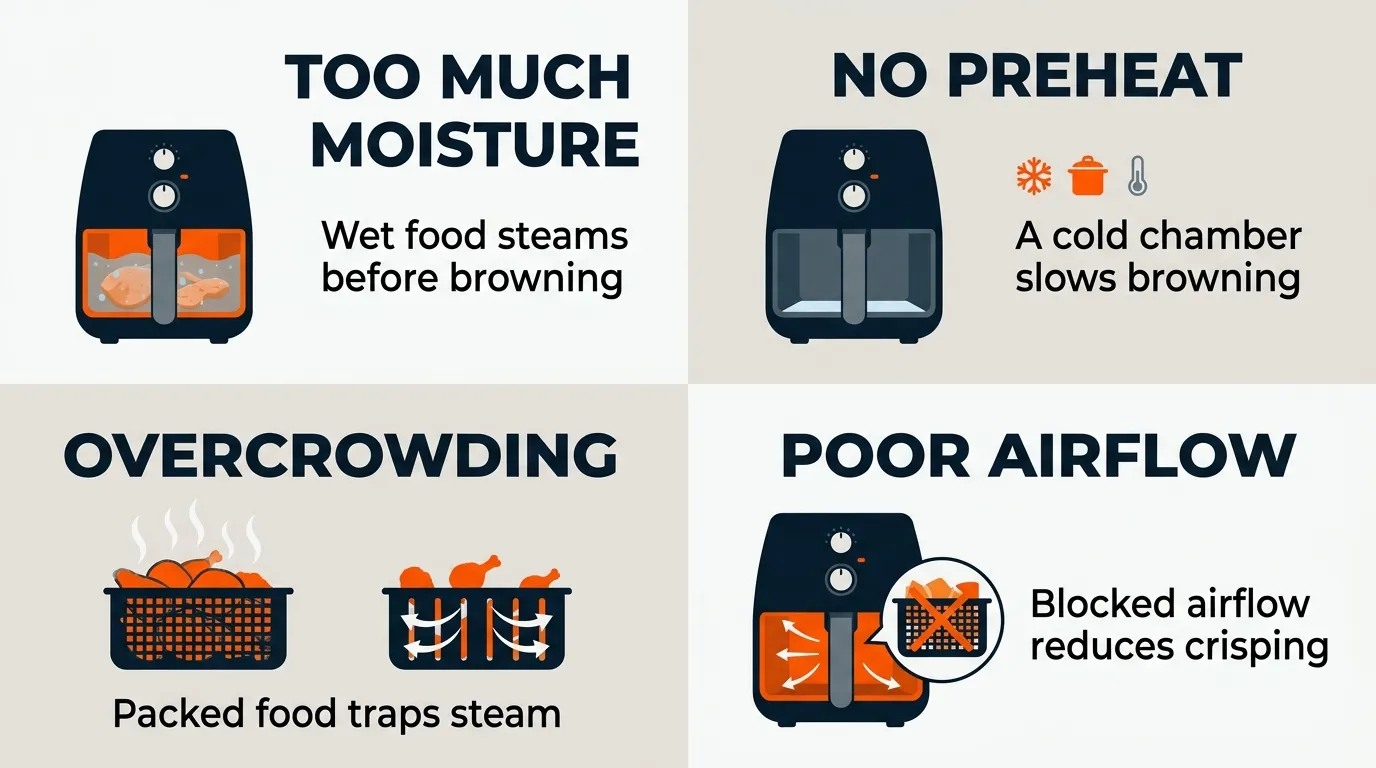 Air fryer basket comparison showing wet crowded food versus dry, spaced food with proper airflow