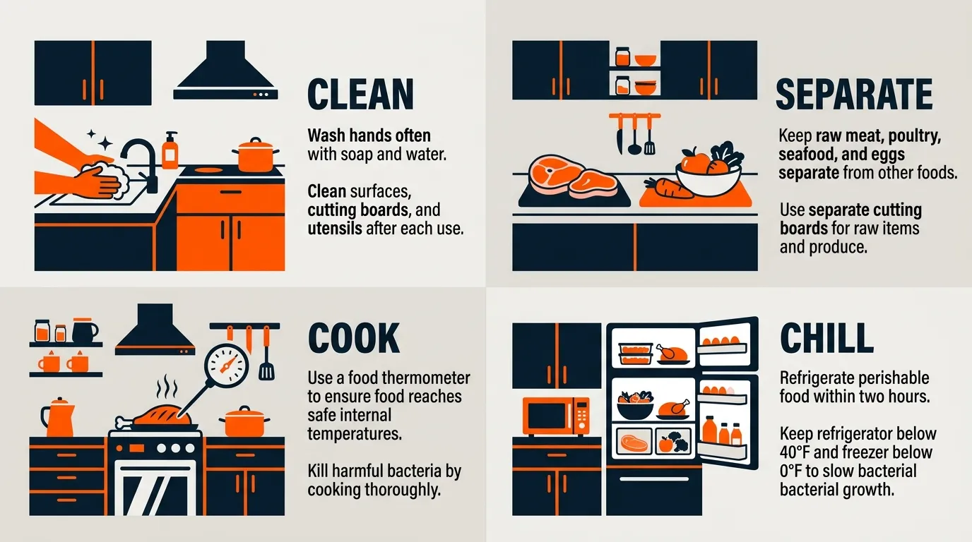 Kitchen hygiene workflow showing clean hands, separated raw foods, safe cooking, and proper refrigeration