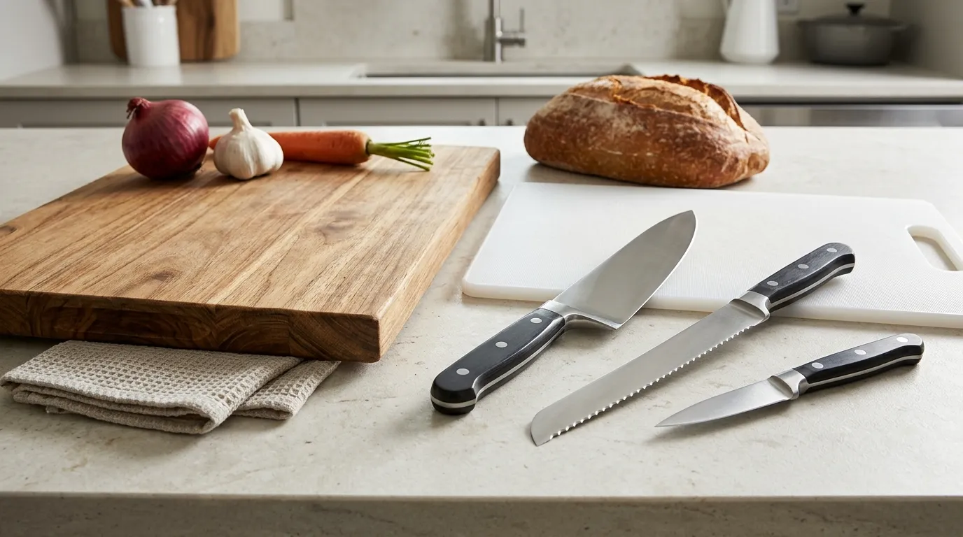 Chef's knife, paring knife, serrated bread knife, and stable cutting board for beginner kitchen preparation
