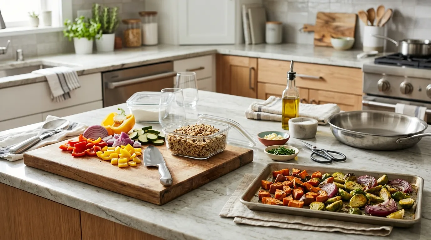 Organized kitchen counter with prepared vegetables, sheet pans, fresh ingredients, and essential tools for faster cooking