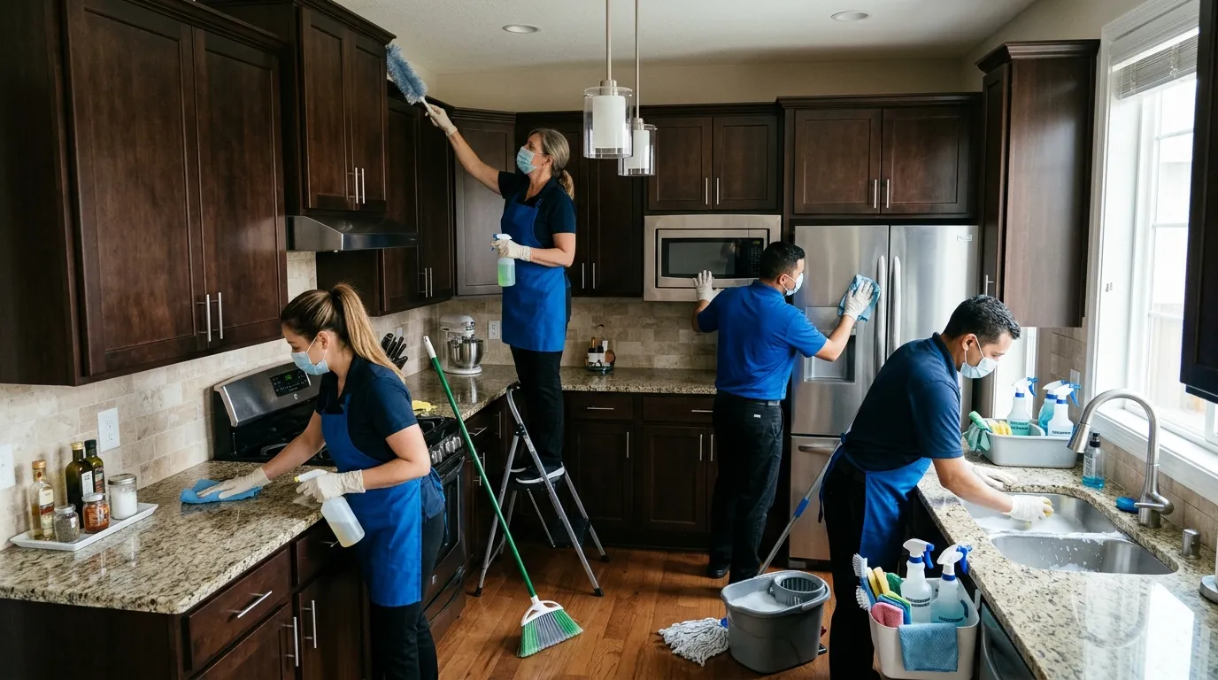 Kitchen cleaning workflow moving from decluttering and high surfaces to appliances counters sink and floors