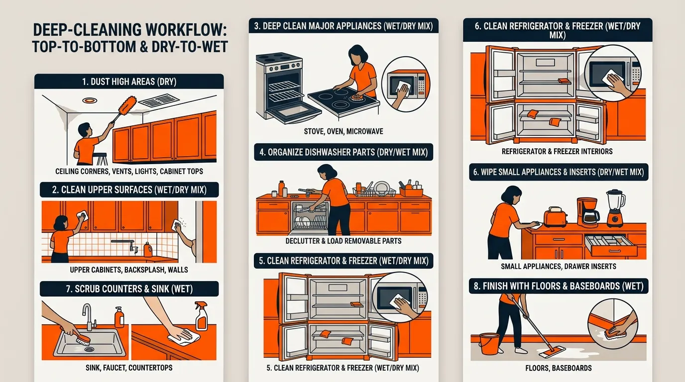 Kitchen deep cleaning workflow showing the recommended order from dusting high areas to mopping the floor last