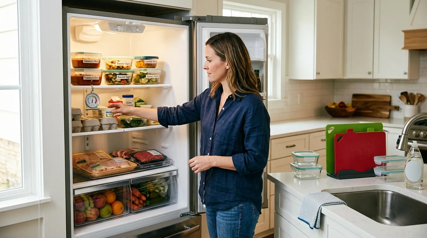 Kitchen food safety routine with refrigerator thermometer, labeled leftovers, separated raw meat, and clean cutting boards