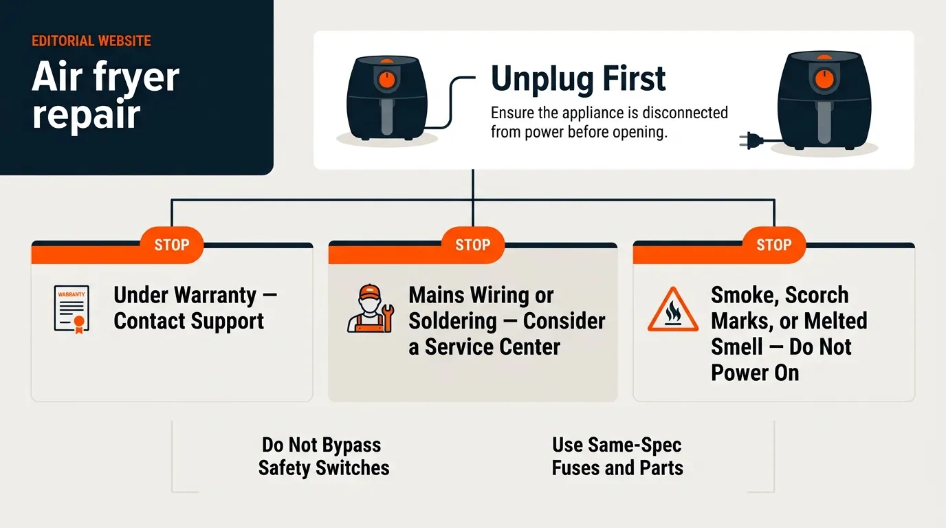 Air fryer repair workspace with unplugged appliance, safety tools, and warning signs indicating when professional service is needed