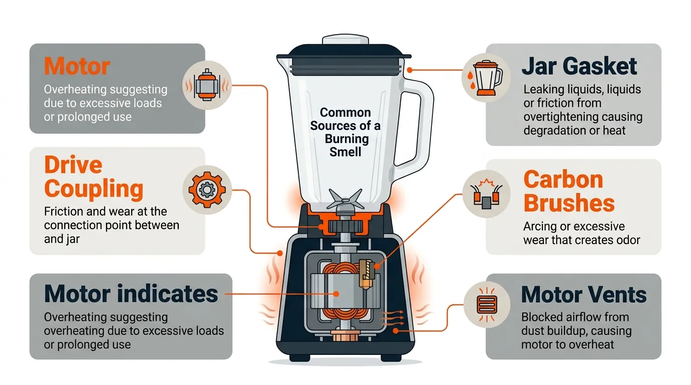 Blender components showing the motor, drive coupling, gasket, carbon brushes, and ventilation area as possible sources of burning odor