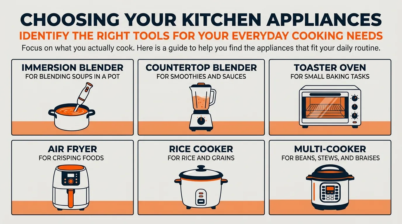 Kitchen appliance guide comparing a hand blender, countertop blender, toaster oven, air fryer, rice cooker, and multi-cooker