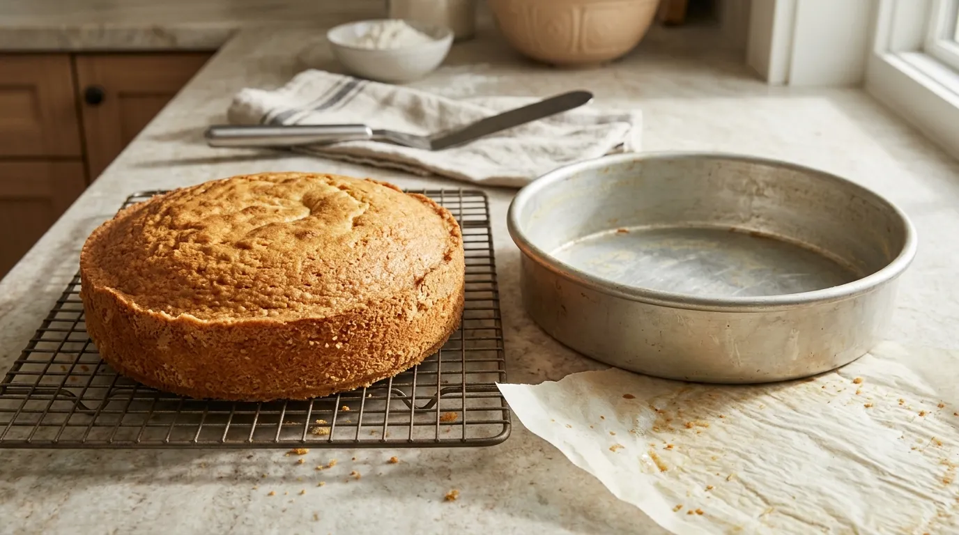 Cake with stuck golden-brown edges inside a metal baking pan, showing areas where the crust adheres to the surface.