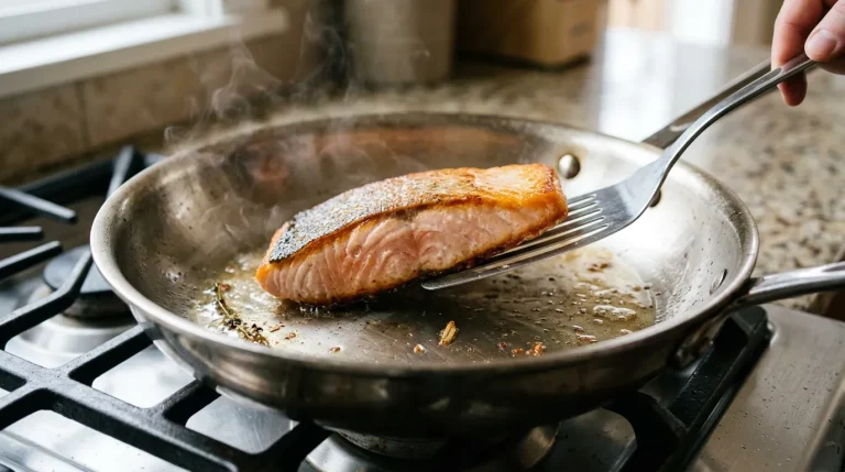 Golden salmon releasing cleanly from a properly heated pan with a crisp browned surface