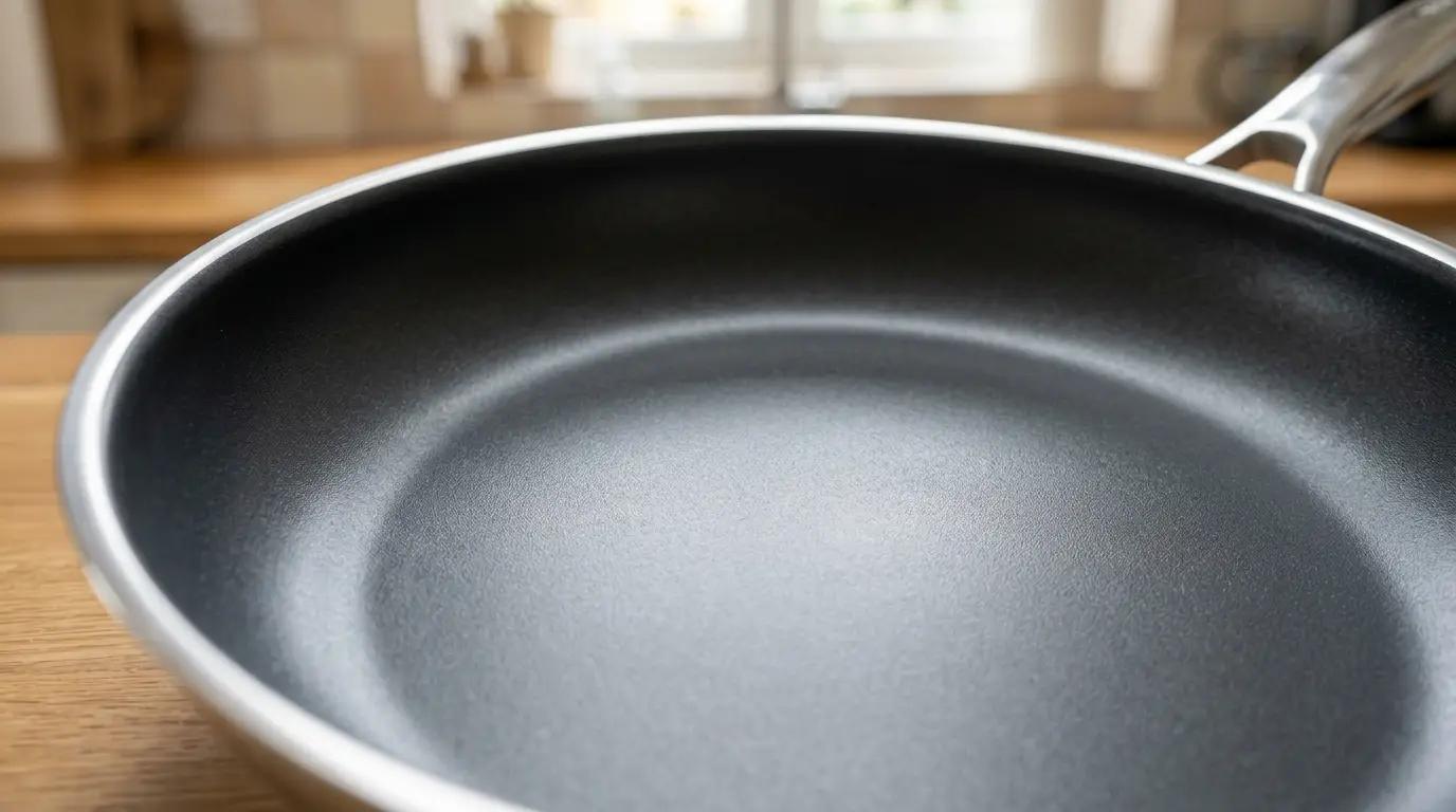 A close view of a non-stick pan showing a barely visible, evenly spread oil sheen without sticky pools.