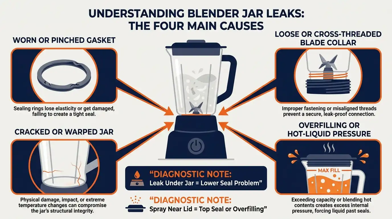 An infographic showing a worn gasket, loose blade collar, cracked blender jar, and overfilling as common causes of leaks.