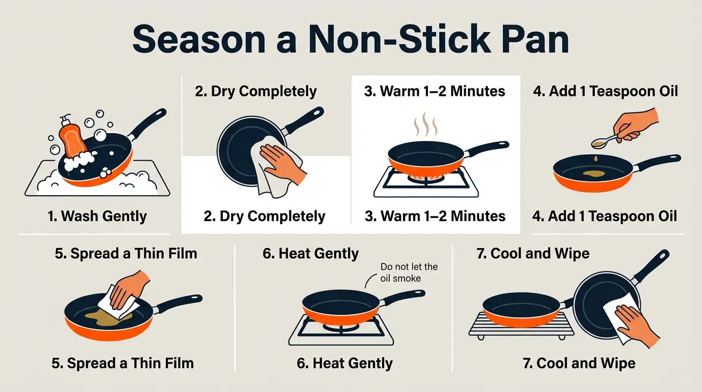Step-by-step infographic showing how to wash, dry, warm, oil, gently heat, cool, and wipe a non-stick pan.