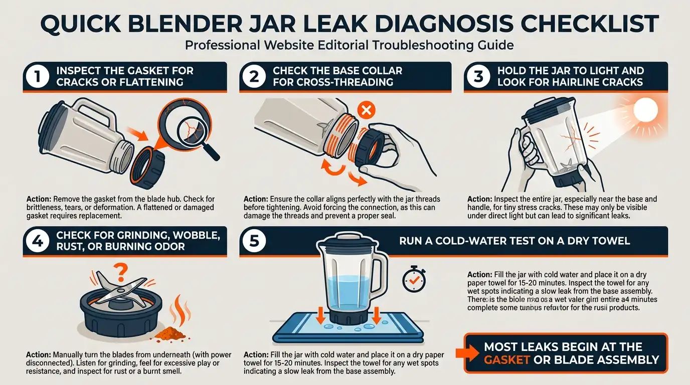 A checklist showing gasket inspection, collar testing, crack detection, bearing checks, and a cold-water leak test.