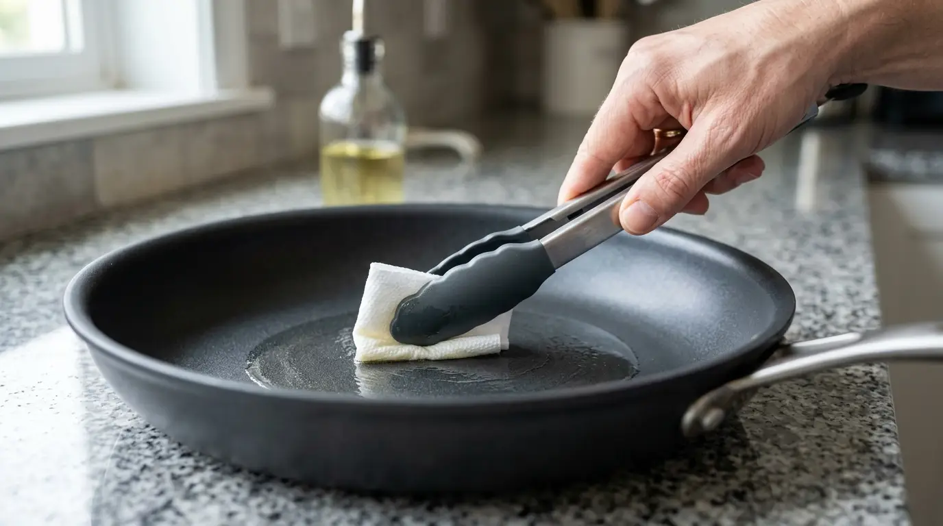 A teaspoon of neutral oil being spread into a very thin, even layer across a clean non-stick skillet.