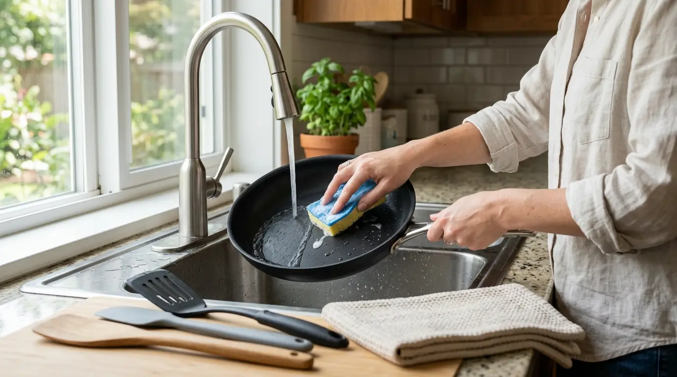A seasoned non-stick pan being hand washed with a soft sponge beside silicone and wooden cooking utensils.