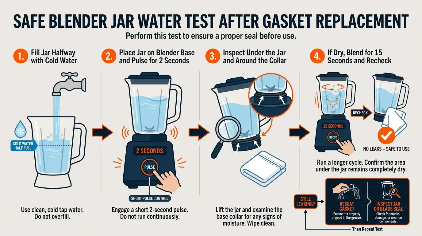 A four-step cold-water test showing how to check the blade collar and jar base for leaks after reassembly.