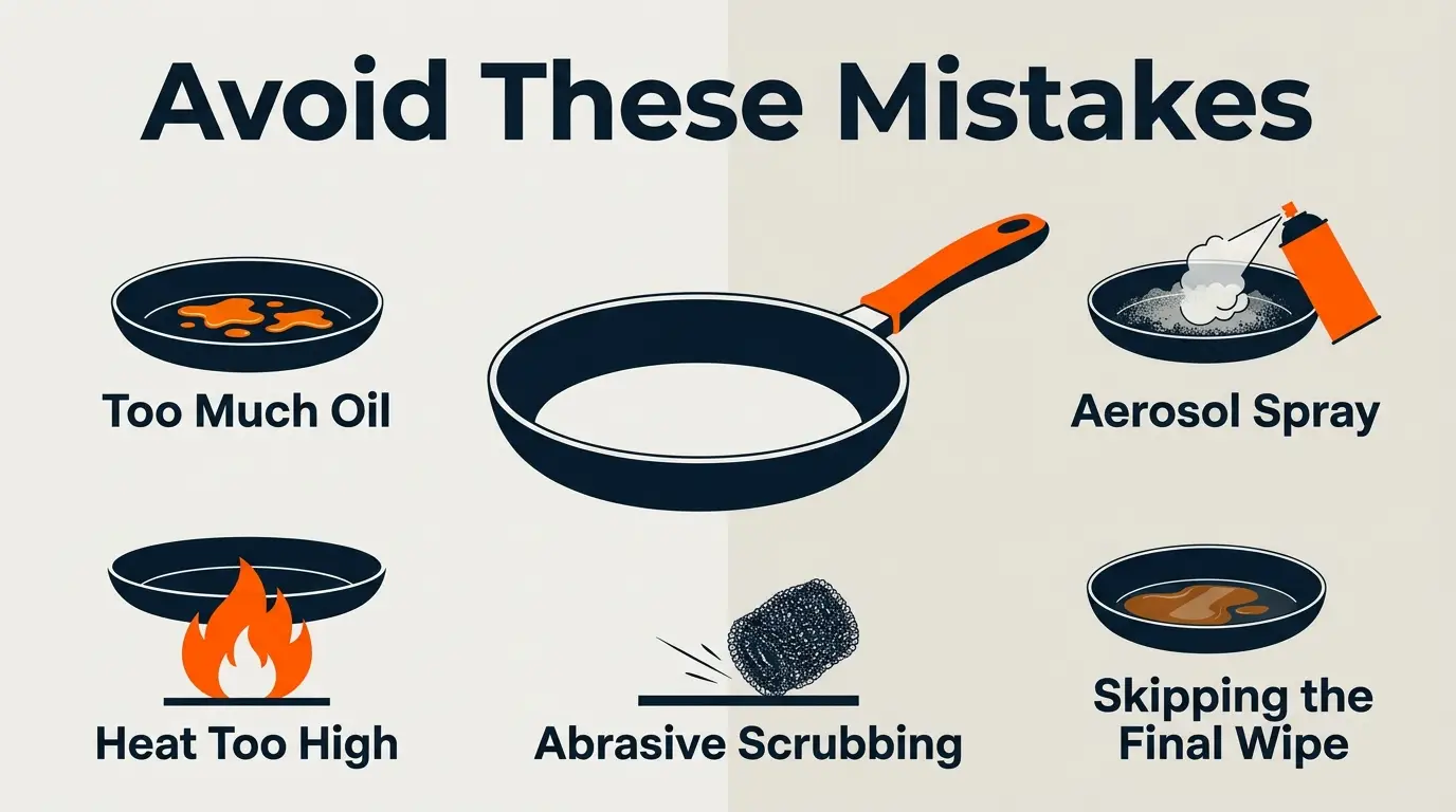 Do and don’t infographic comparing proper non-stick seasoning with excess oil, high heat, aerosol spray, and abrasive cleaning.