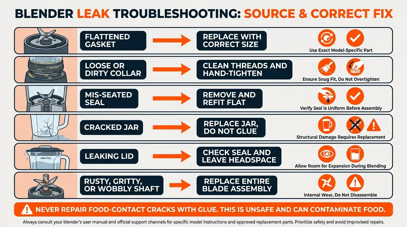 A troubleshooting guide matching gasket, collar, jar, lid, bearing, and shaft-seal problems with the correct repair.