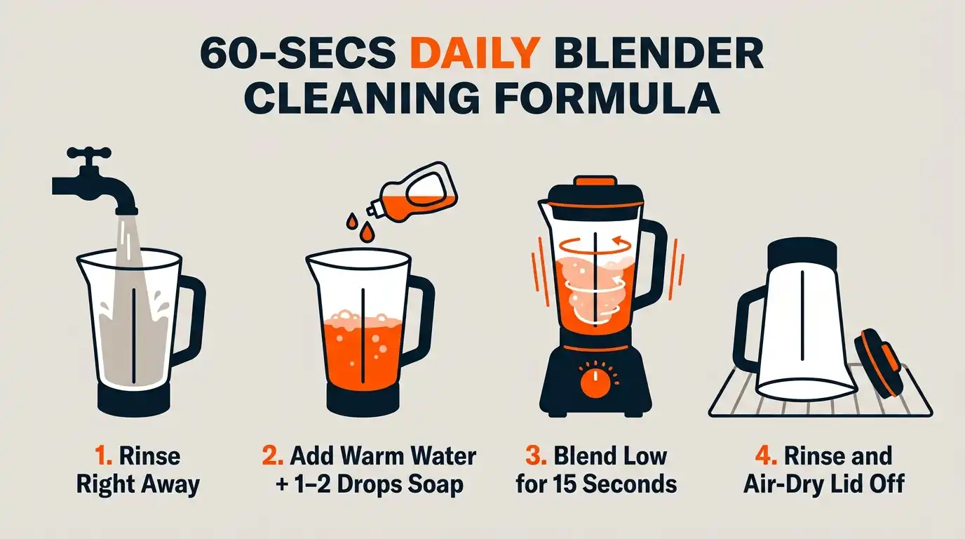Four-step blender jar cleaning routine showing immediate rinsing, blending with dish soap, thorough rinsing, and air-drying with the lid removed.