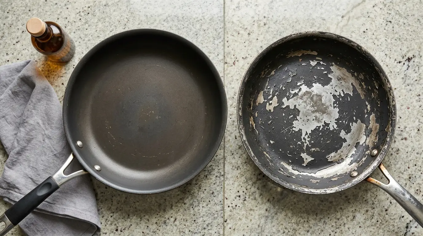 Two non-stick pans compared side by side, with one showing mild dullness suitable for reseasoning and the other showing peeling coating and warping that require replacement.