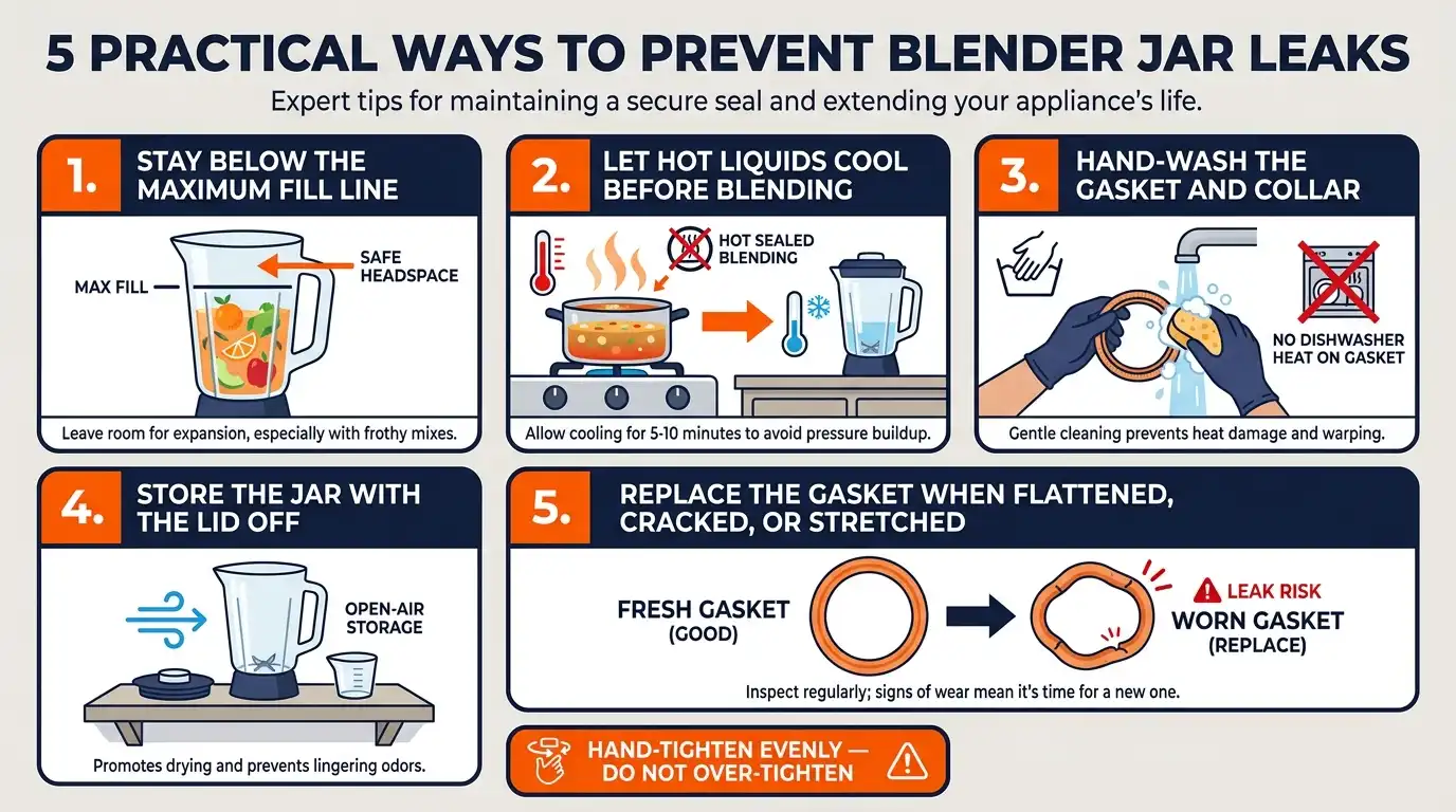 A prevention guide showing correct filling, cooled liquids, hand-washed seals, lid-off storage, and timely gasket replacement.