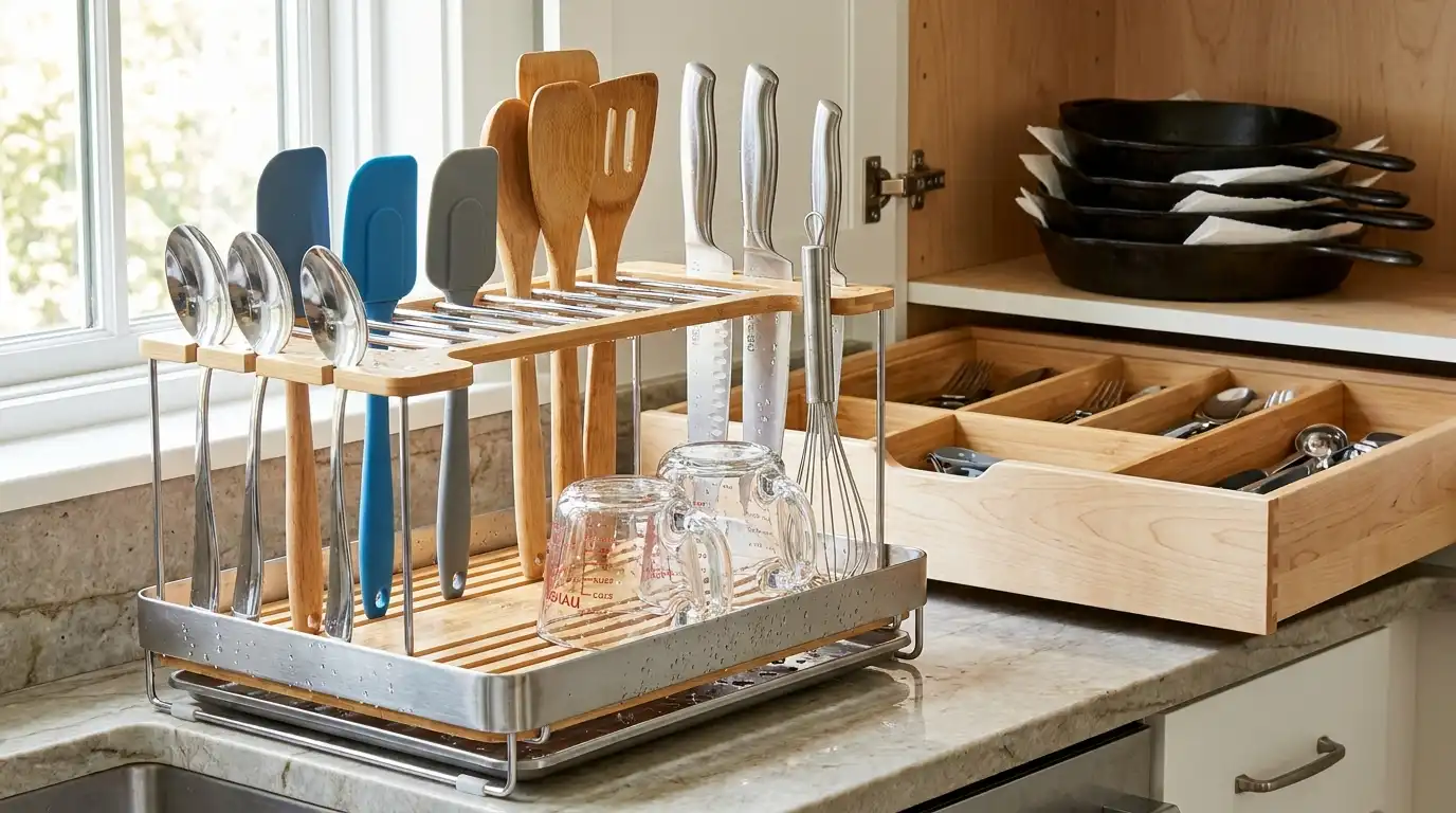 Freshly washed utensils air-drying on a spacious rack beside organized drawers and moisture-safe cookware storage.