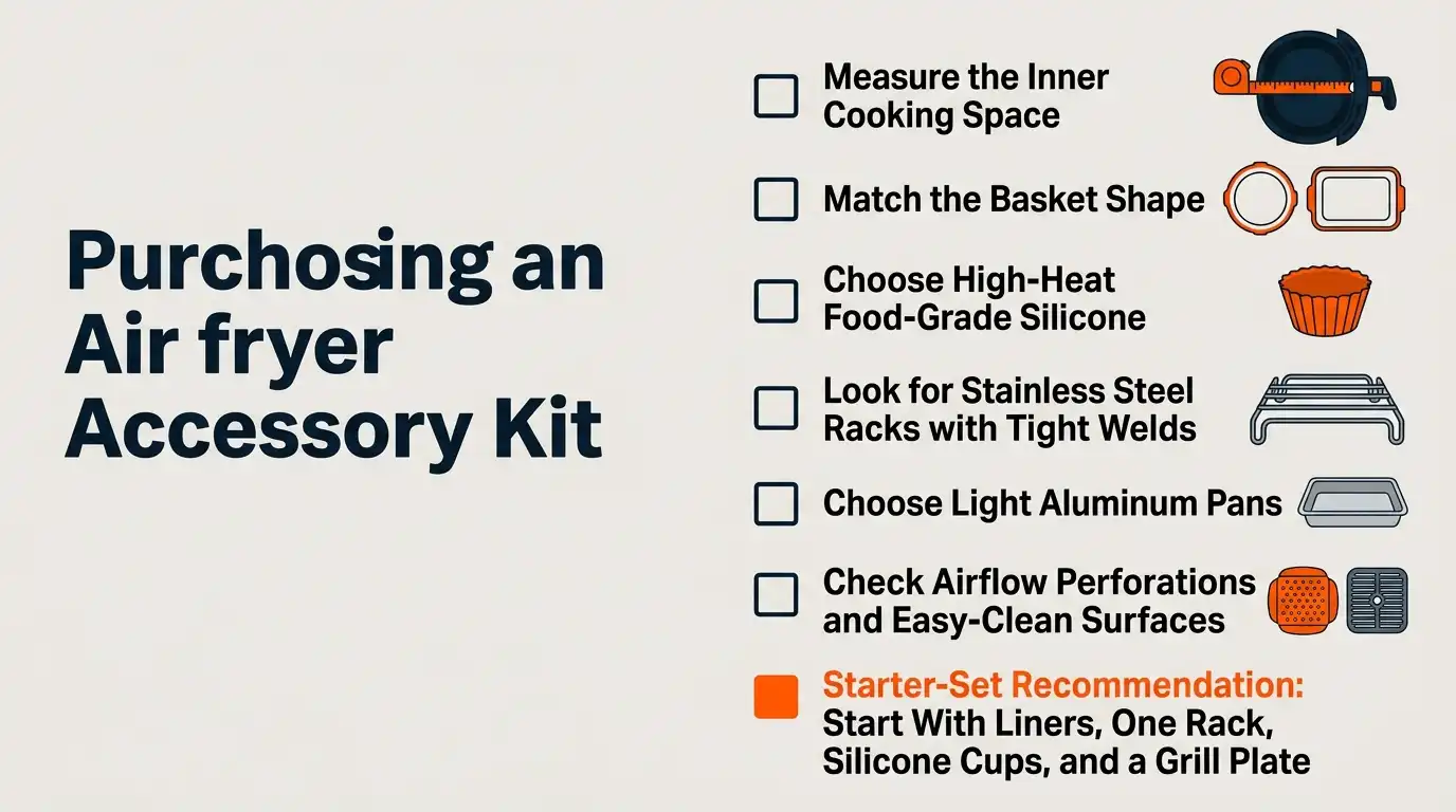 A buying checklist covering basket measurements, accessory shape, heat-safe materials, airflow perforations, and easy-clean construction.