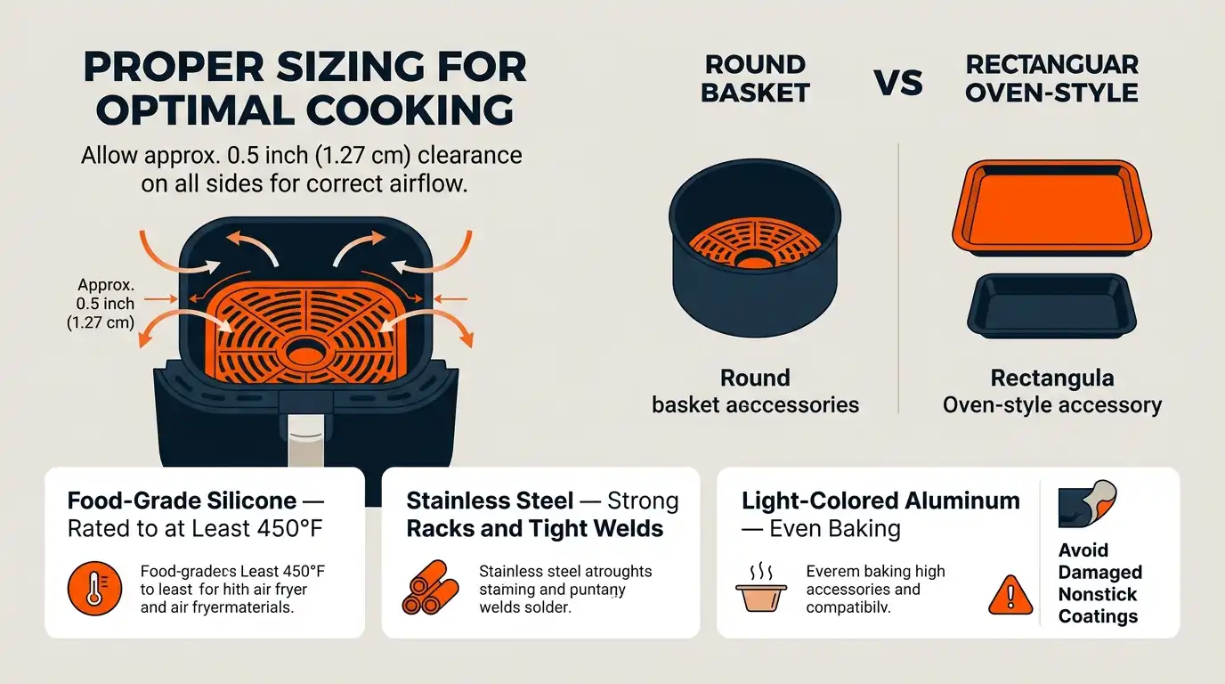 A compatibility guide showing proper accessory clearance and suitable silicone, stainless steel, and aluminum materials for air fryers.