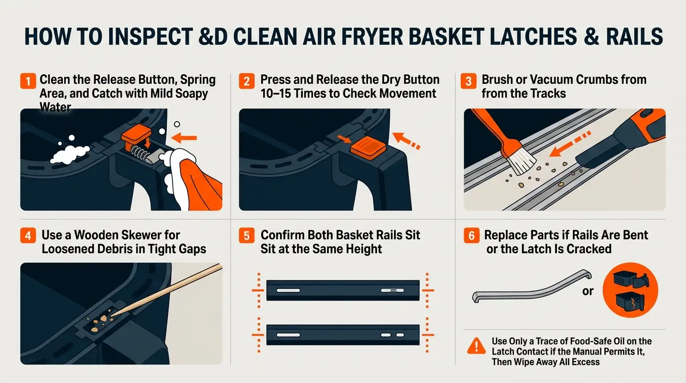 A troubleshooting guide showing latch cleaning, spring testing, crumb removal, rail inspection, alignment, and replacement signs.