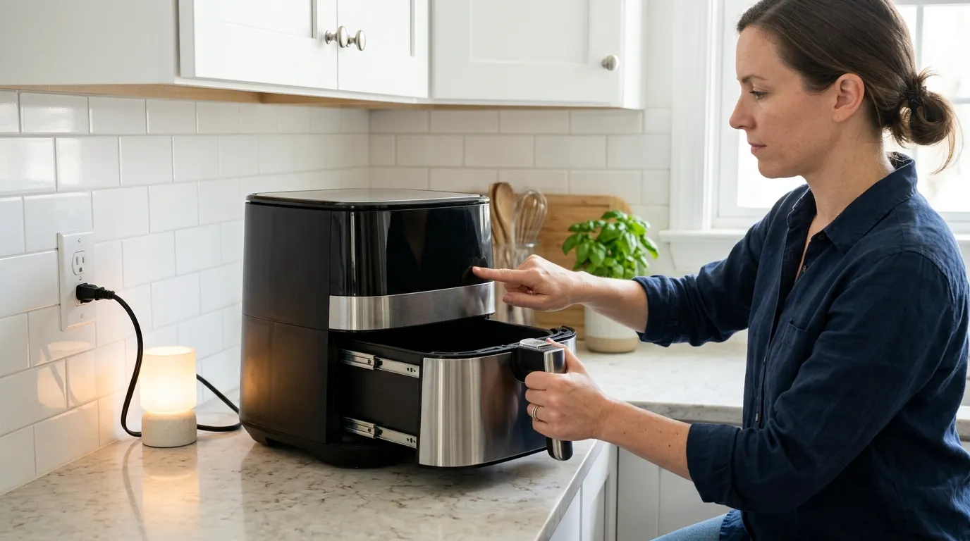 Air fryer being checked at a wall outlet with the basket firmly seated and controls ready for a restart