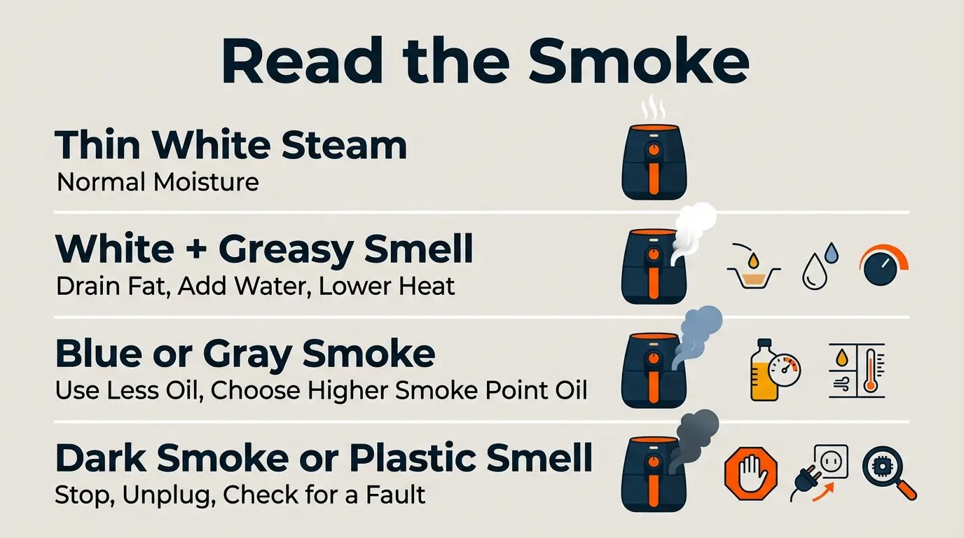 Troubleshooting infographic explaining what white, blue-gray, and dark smoke can mean when an air fryer is running.