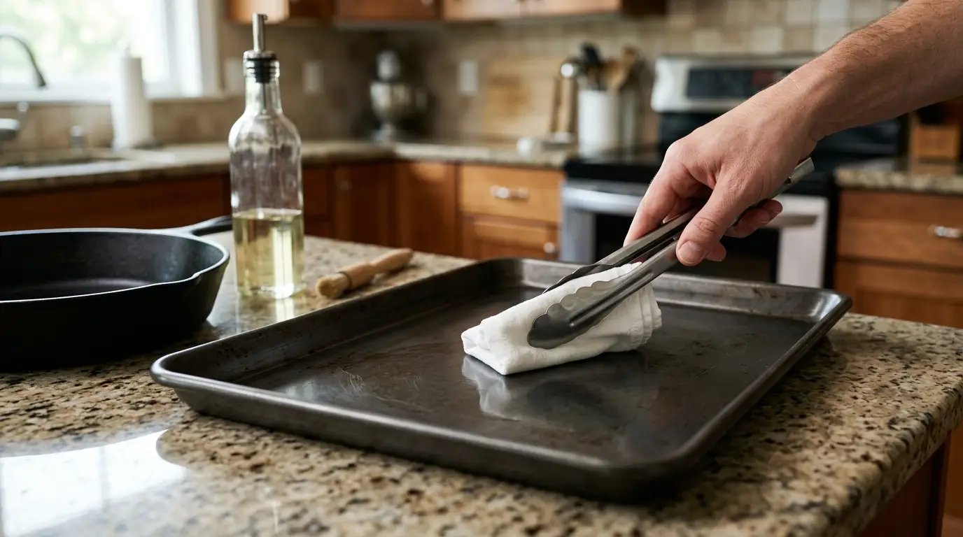 A thin layer of oil being buffed across a clean carbon steel baking pan before oven seasoning.