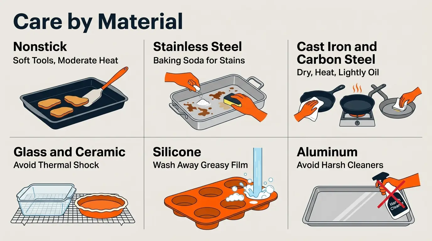 Material-care infographic comparing safe cleaning methods for nonstick, stainless steel, cast iron, glass, ceramic, and silicone bakeware.