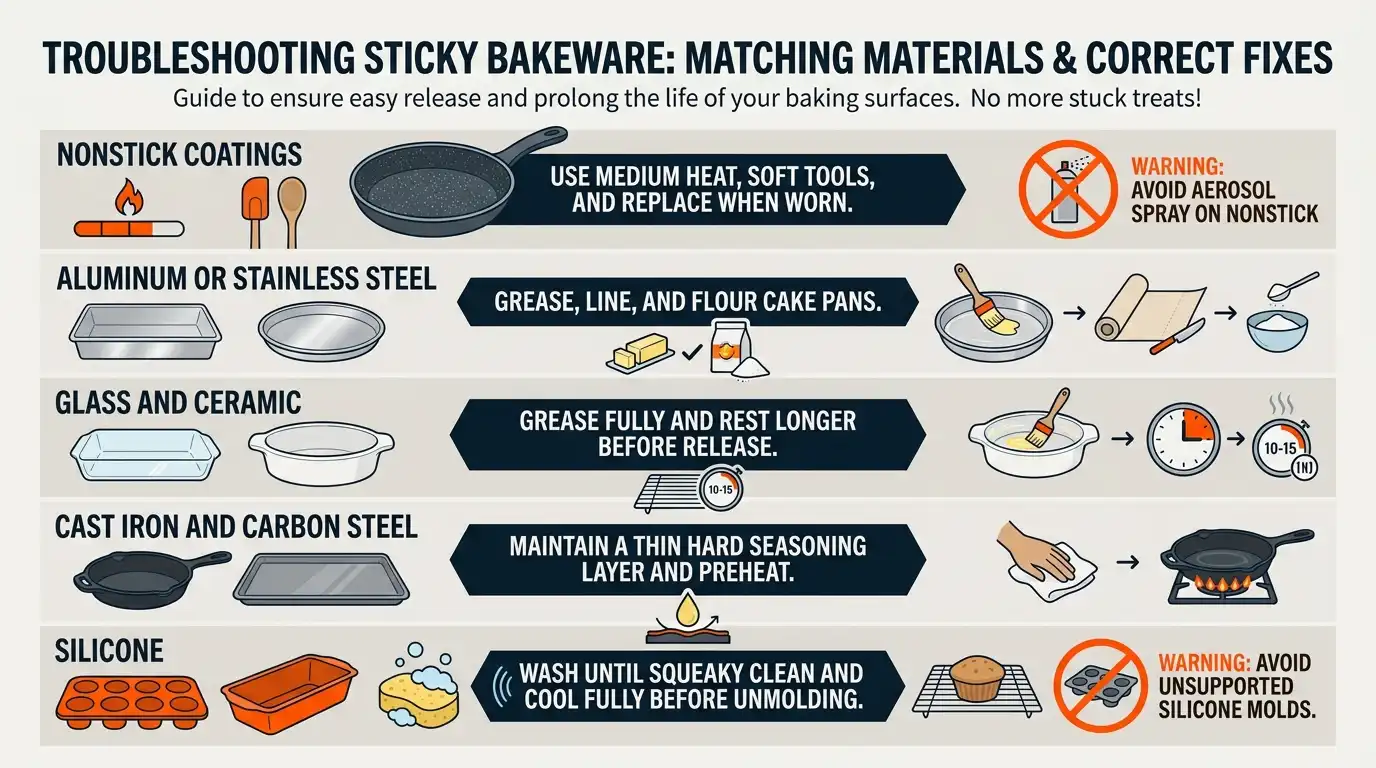 A troubleshooting guide for nonstick, aluminum, stainless steel, glass, ceramic, cast iron, carbon steel, and silicone bakeware.