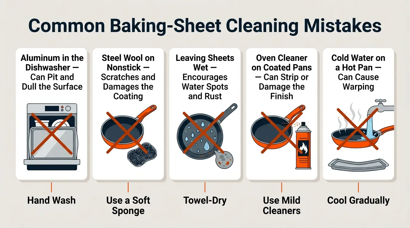 An infographic warning against dishwashing aluminum, using steel wool on nonstick, leaving pans wet, applying oven cleaner to coatings, and thermal shock.