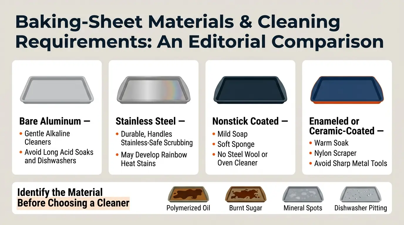 A comparison of bare aluminum, stainless steel, nonstick, enameled, and ceramic baking sheets with their safe cleaning methods.