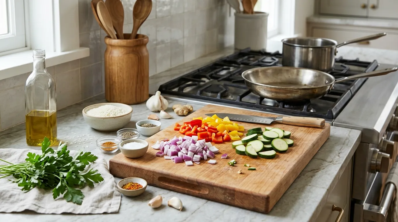 Beginner-friendly home cooking setup with fresh vegetables, basic cookware, seasonings, and a skillet on a kitchen countertop