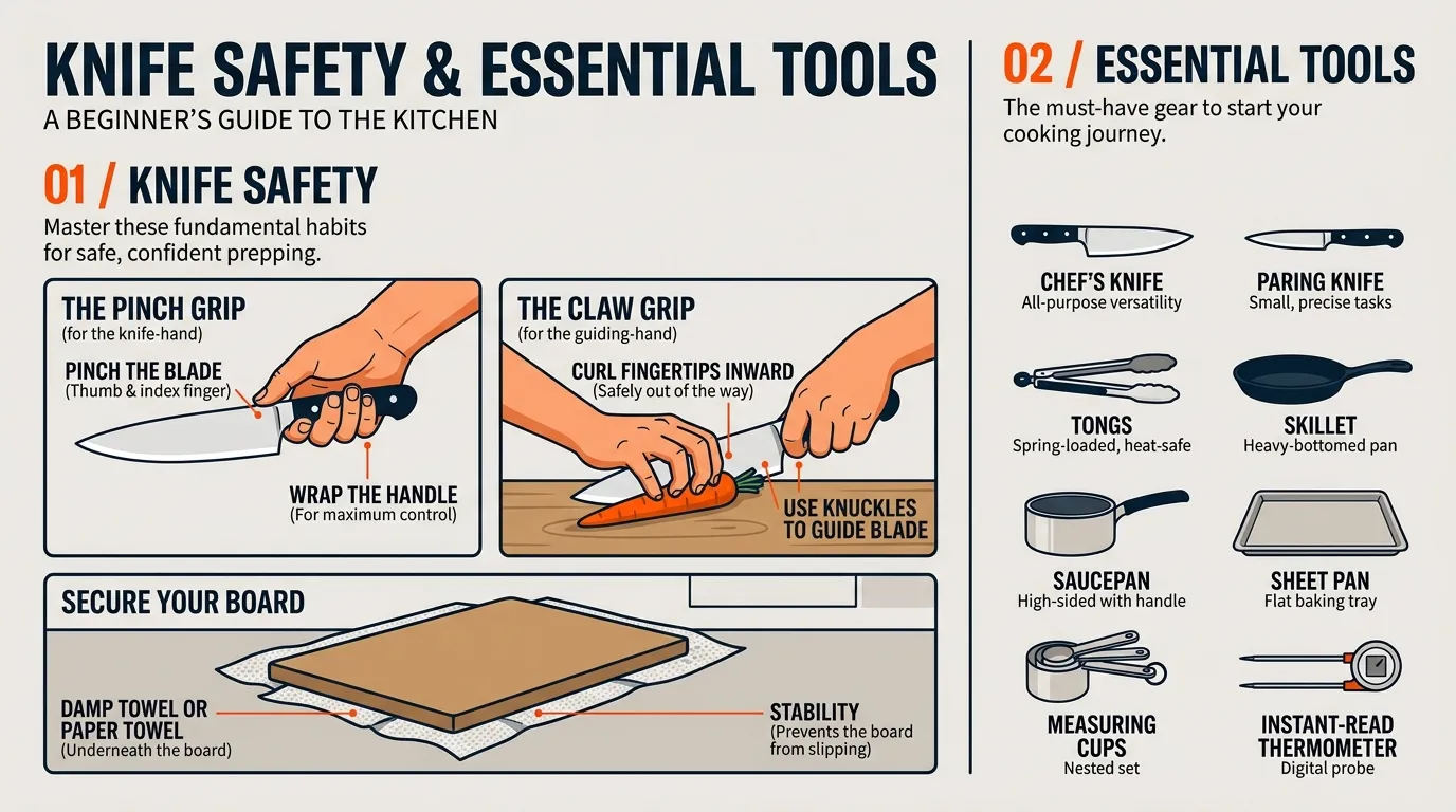 Illustrated beginner cooking guide showing a safe chef's knife grip, claw hand position, stable cutting board, and essential kitchen tools