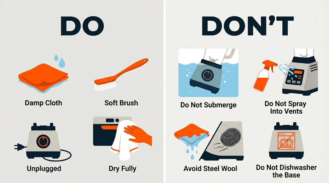 Safe damp-cloth cleaning contrasted with unsafe soaking and direct liquid application on a blender base