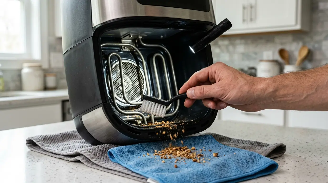 A soft nylon brush loosening dry crumbs around an air fryer coil and fan guard while debris is caught with a cloth below.